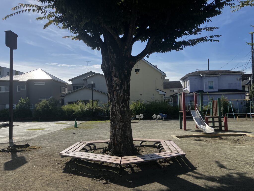 金田公園の広場近くの六角形ベンチ