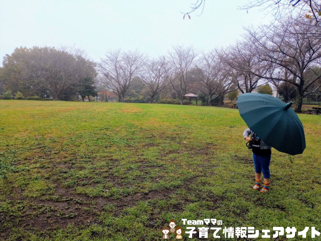 雨の日の公園でお散歩もラクに！おすすめスライド傘の傘を持つ子ども